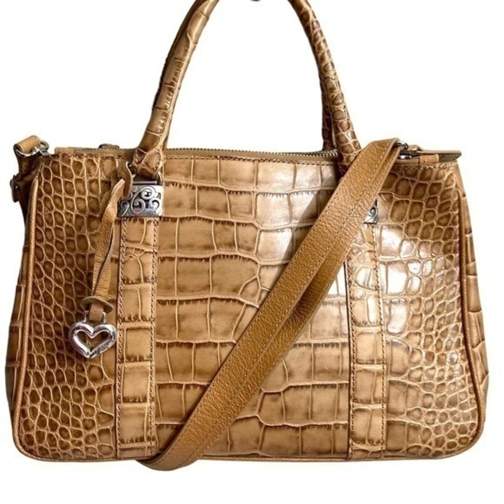 Brighton brown embossed leather double zipper two way tote bag